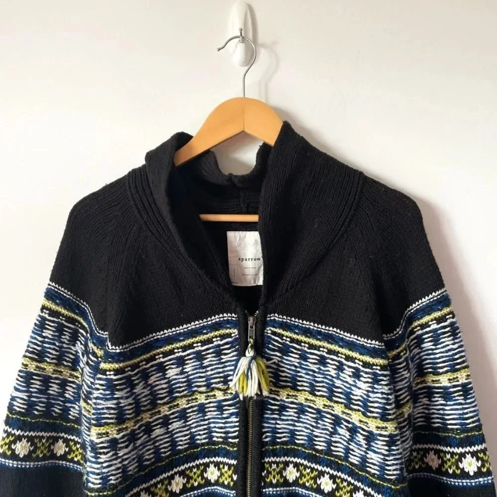 Anthropologie Sparrow Batley Fairisle Black Multi Cardigan Sweater Coat Medium - Picture 3 of 6